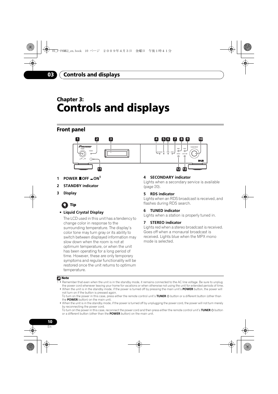 Front panel, Controls and displays, Controls and displays 03 | Chapter 3 | Pioneer F-F6MK2-K User Manual | Page 10 / 182