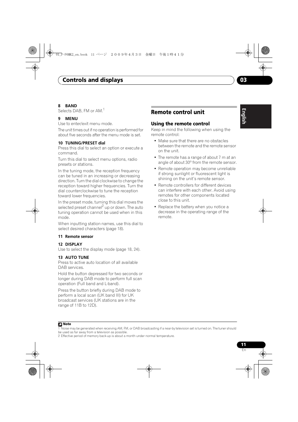 Remote control unit, Controls and displays 03 | Pioneer F-F6MK2-K User Manual | Page 11 / 182