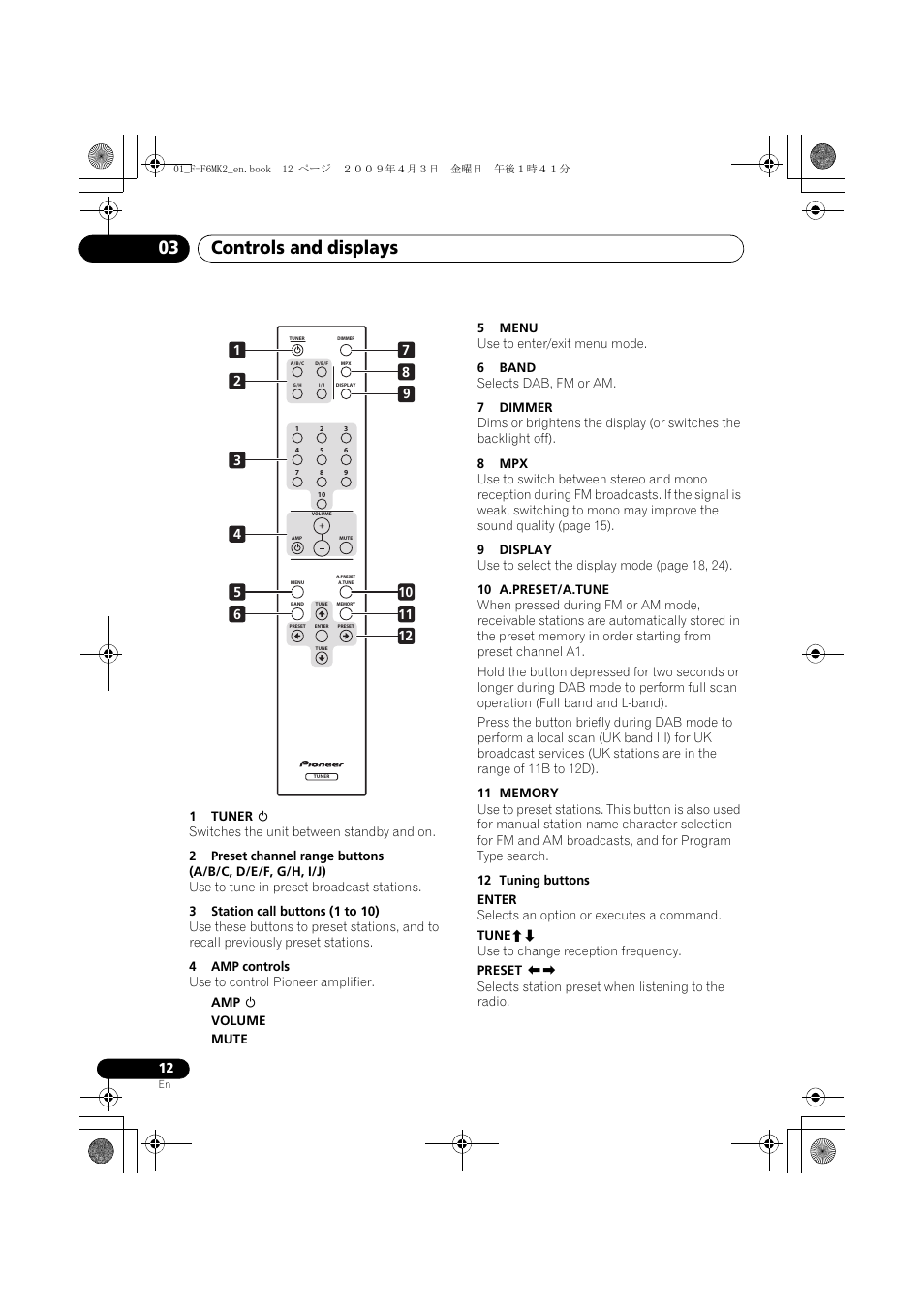 Controls and displays 03 | Pioneer F-F6MK2-K User Manual | Page 12 / 182