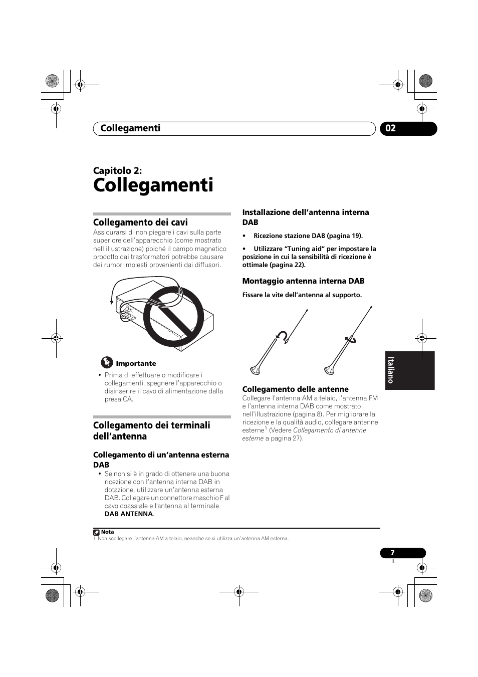 Collegamento dei cavi, Collegamento dei terminali dell’antenna, Collegamenti | Collegamenti 02, Capitolo 2 | Pioneer F-F6MK2-K User Manual | Page 127 / 182