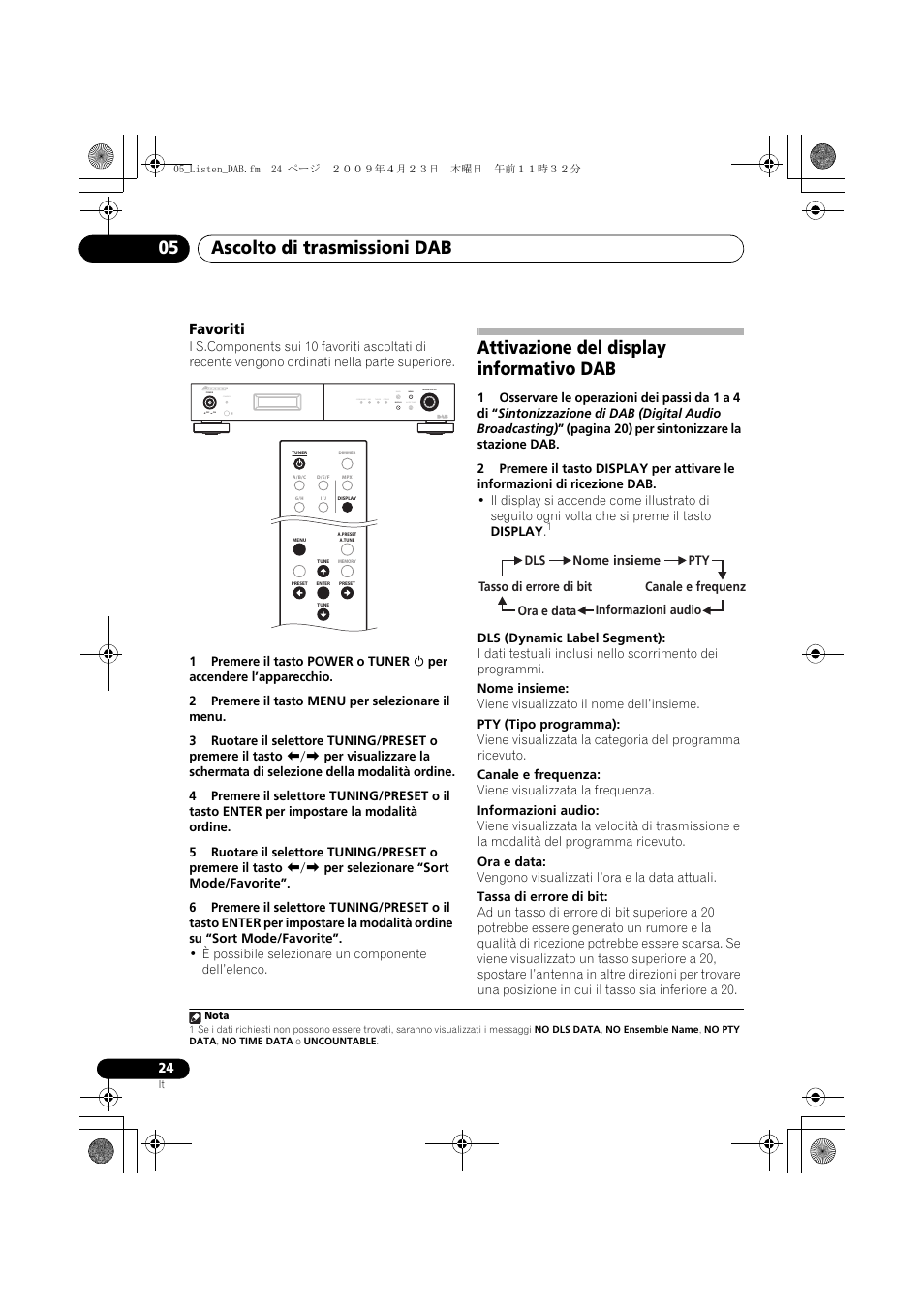 Attivazione del display informativo dab, Ascolto di trasmissioni dab 05, Favoriti | Pioneer F-F6MK2-K User Manual | Page 144 / 182