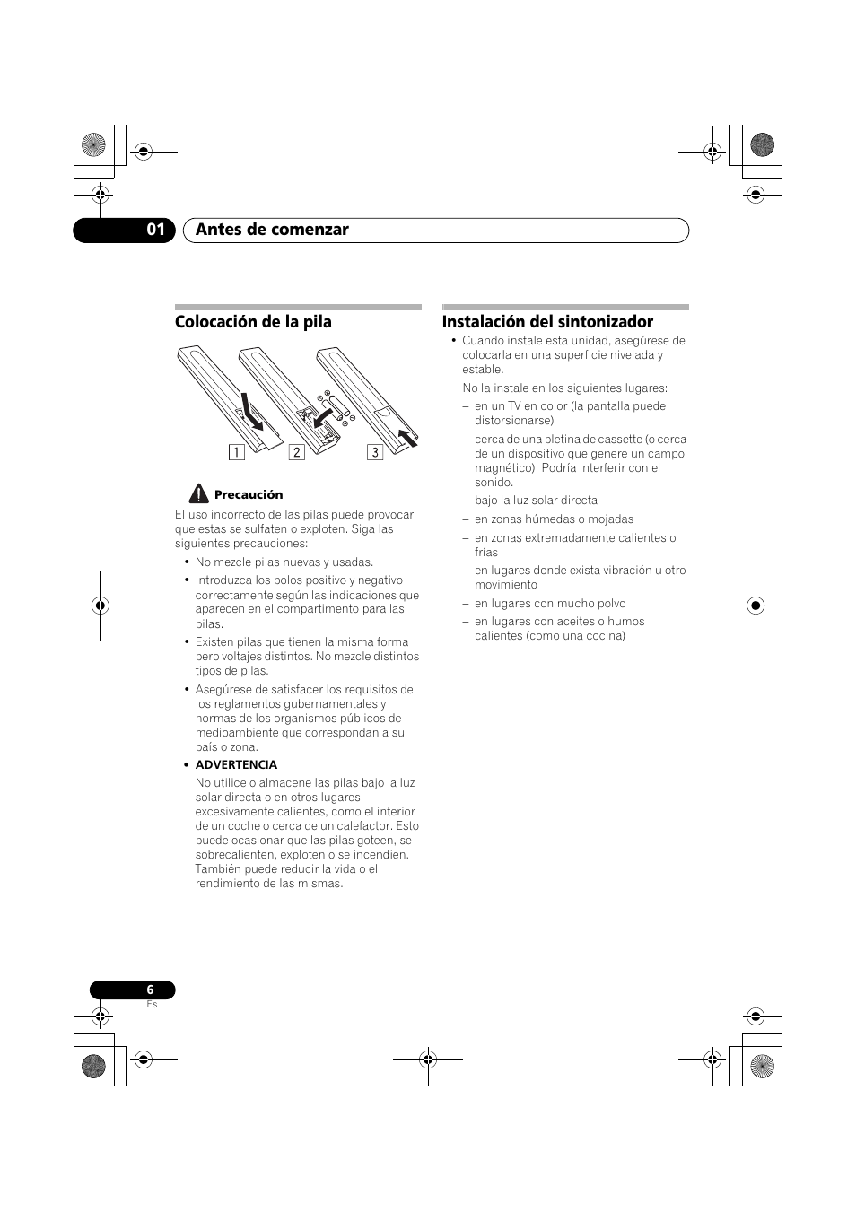 Colocación de la pila, Instalación del sintonizador, Antes de comenzar 01 | Pioneer F-F6MK2-K User Manual | Page 156 / 182