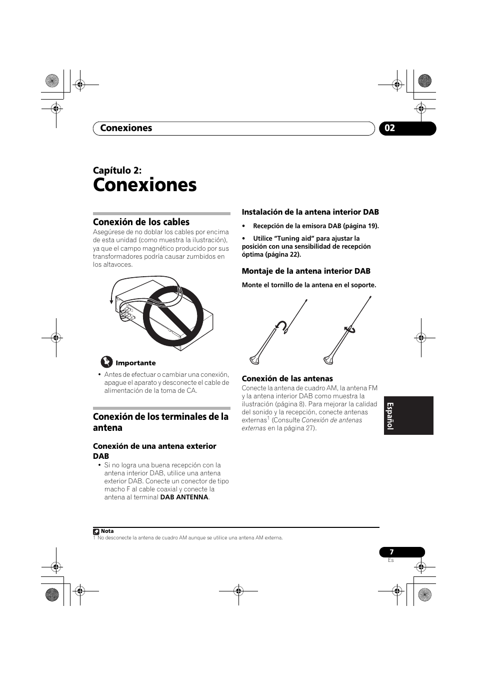 Conexión de los cables, Conexión de los terminales de la antena, Conexiones | Conexiones 02, Capítulo 2 | Pioneer F-F6MK2-K User Manual | Page 157 / 182