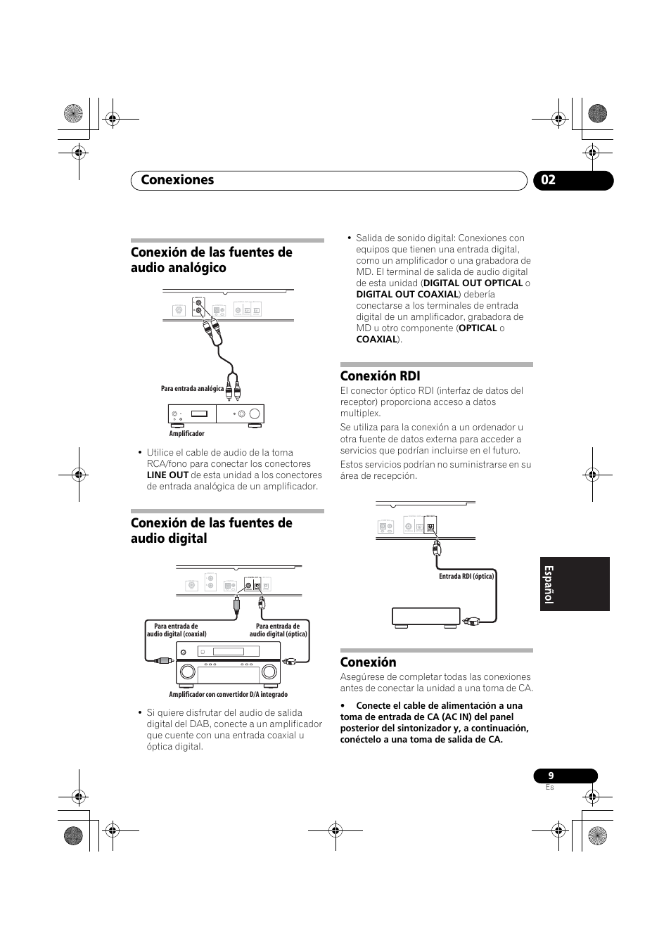 Conexión de las fuentes de audio analógico, Conexión de las fuentes de audio digital, Conexión rdi | Conexión, Conexiones 02 | Pioneer F-F6MK2-K User Manual | Page 159 / 182