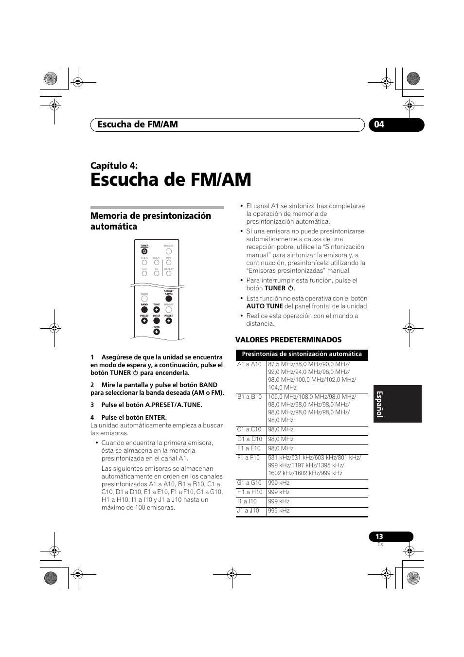 Memoria de presintonización automática, Escucha de fm/am, Escucha de fm/am 04 | Capítulo 4, Valores predeterminados | Pioneer F-F6MK2-K User Manual | Page 163 / 182