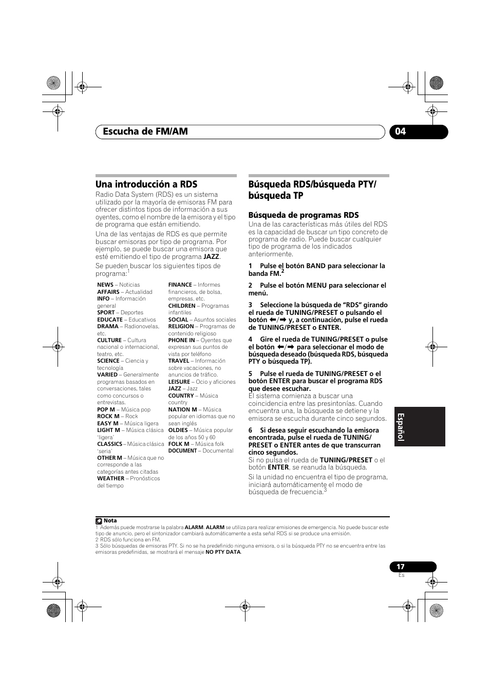 Una introducción a rds, Búsqueda rds/búsqueda pty/búsqueda tp, Escucha de fm/am 04 | Búsqueda rds/búsqueda pty/ búsqueda tp | Pioneer F-F6MK2-K User Manual | Page 167 / 182
