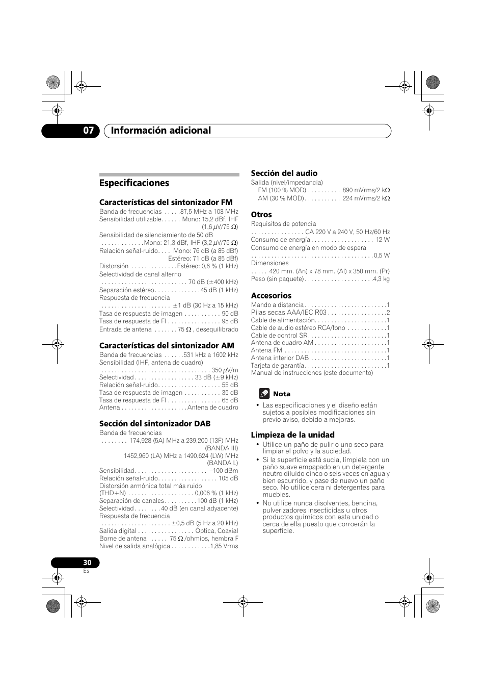 Especificaciones, Información adicional 07 | Pioneer F-F6MK2-K User Manual | Page 180 / 182