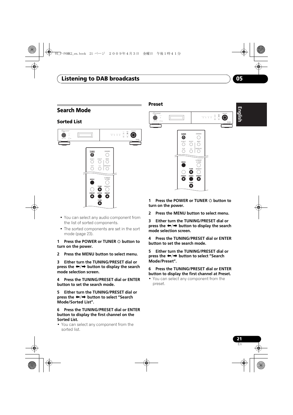 Search mode, Listening to dab broadcasts 05, Sorted list | Preset, Standby | Pioneer F-F6MK2-K User Manual | Page 21 / 182