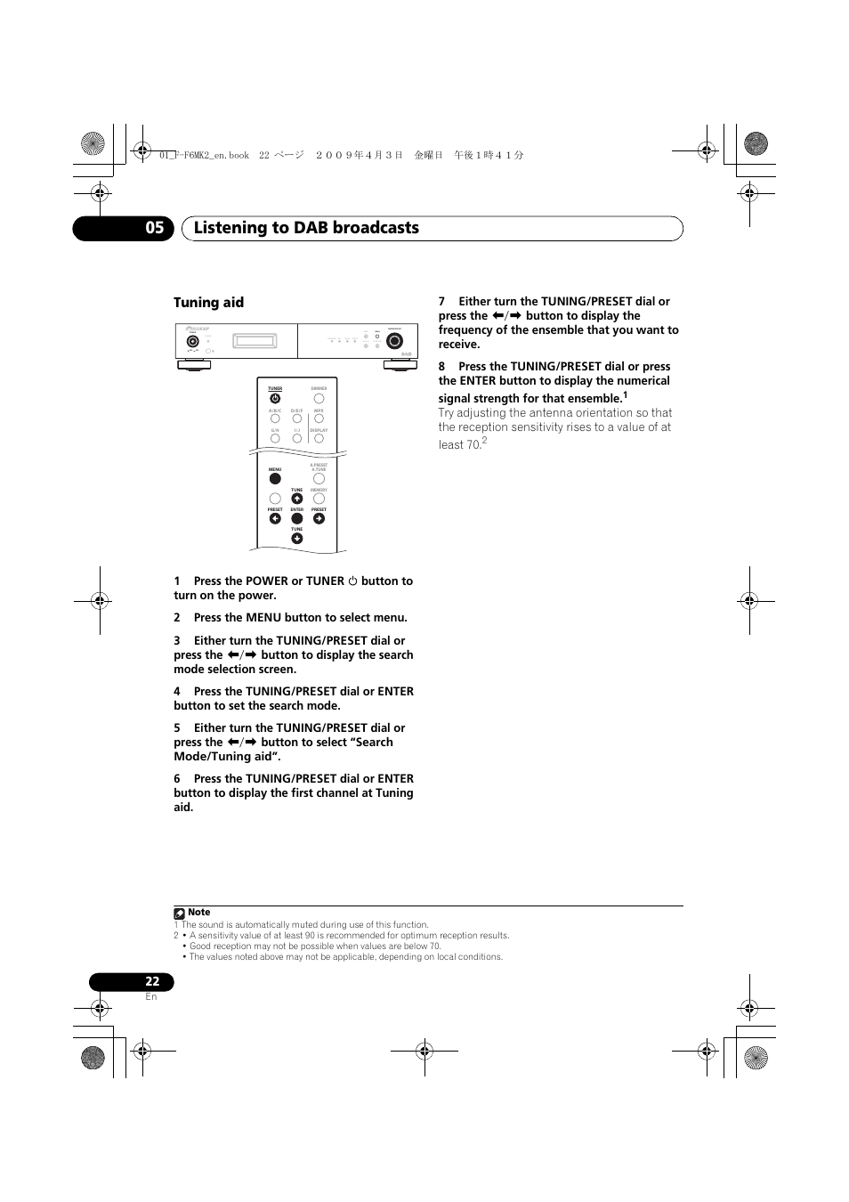 Listening to dab broadcasts 05, Tuning aid, Standby | Pioneer F-F6MK2-K User Manual | Page 22 / 182