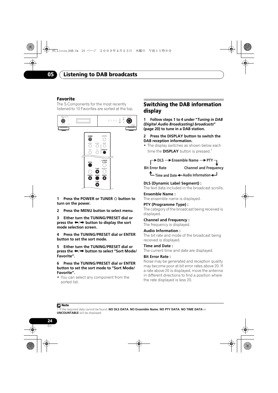 Switching the dab information display, Listening to dab broadcasts 05, Favorite | Pioneer F-F6MK2-K User Manual | Page 24 / 182