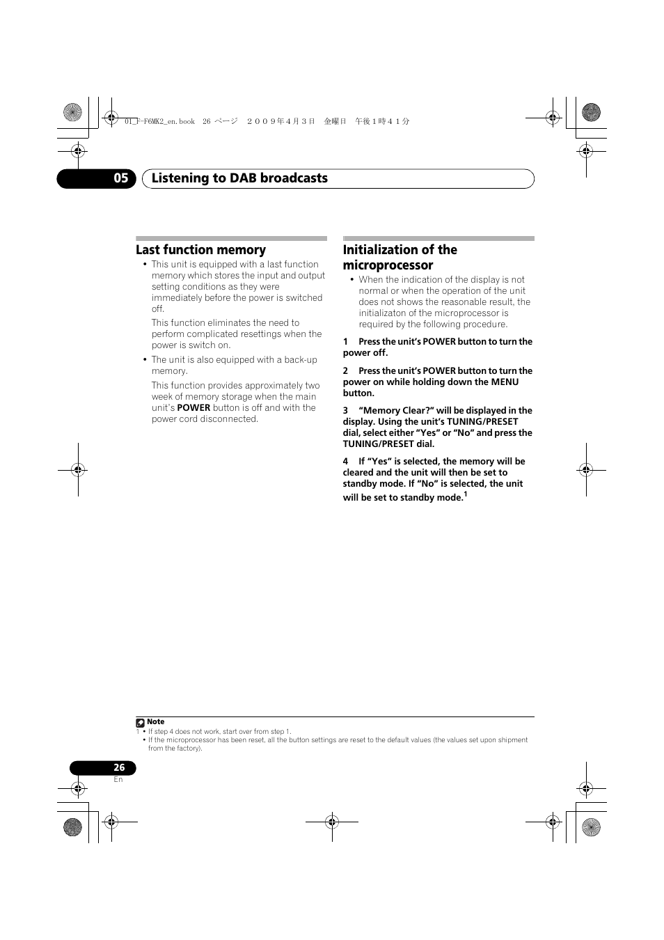 Last function memory, Initialization of the microprocessor, Listening to dab broadcasts 05 | Pioneer F-F6MK2-K User Manual | Page 26 / 182