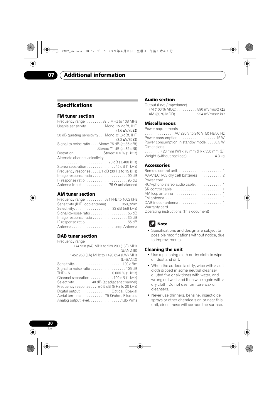 Specifications, Additional information 07 | Pioneer F-F6MK2-K User Manual | Page 30 / 182