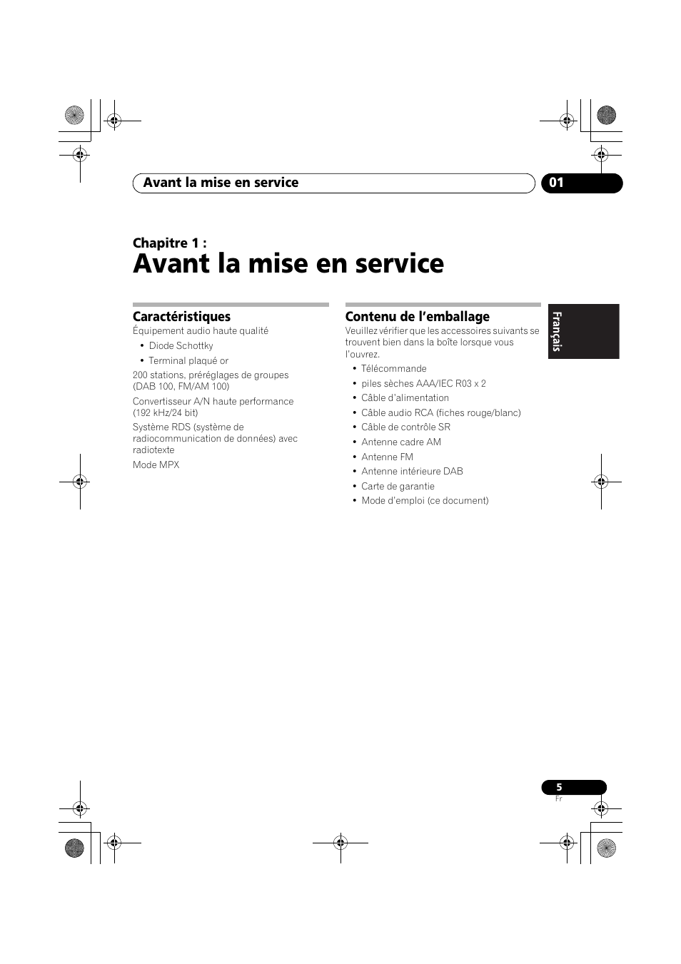 Caractéristiques, Contenu de l’emballage, Avant la mise en service | Avant la mise en service 01, Chapitre 1 | Pioneer F-F6MK2-K User Manual | Page 35 / 182
