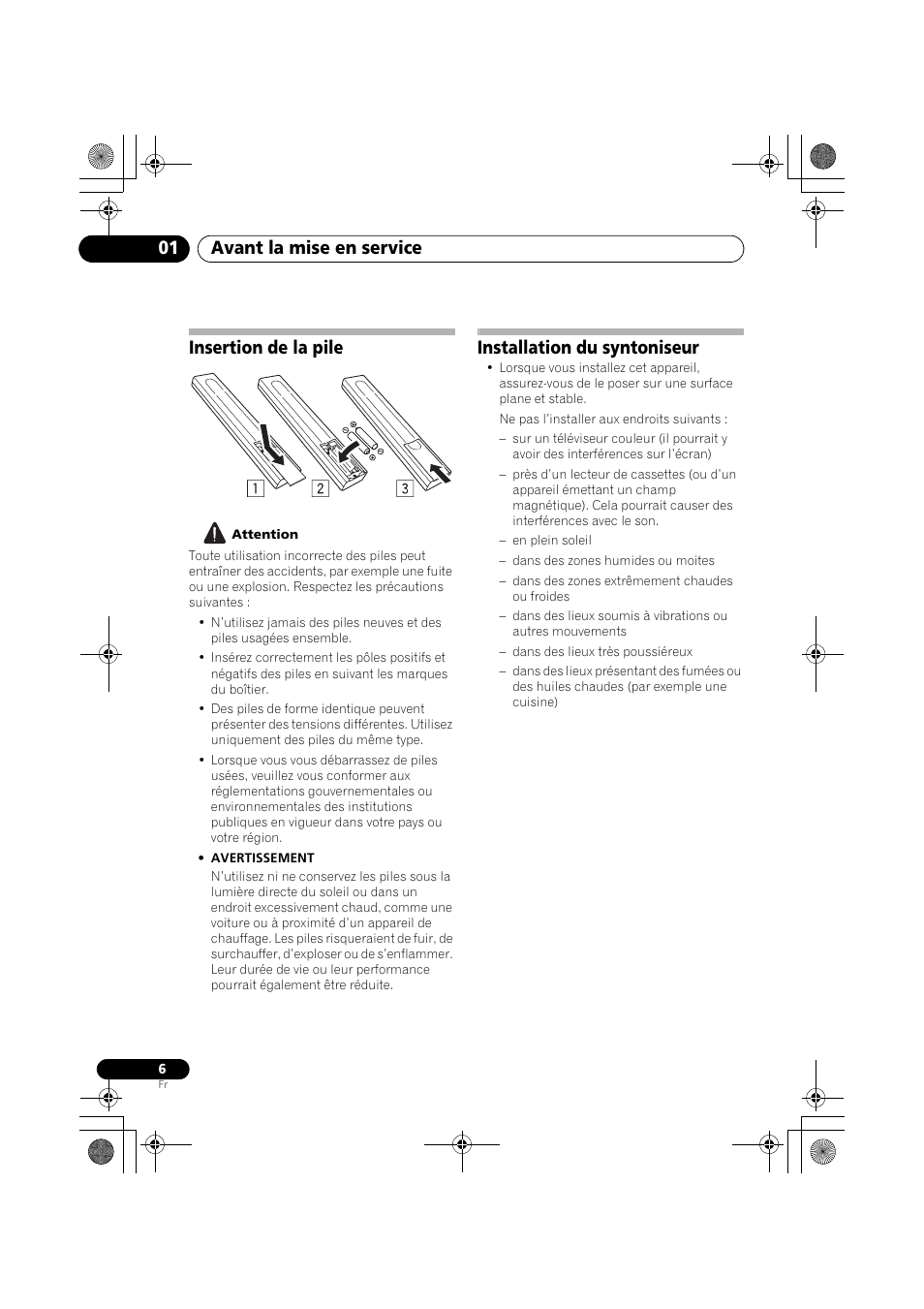 Insertion de la pile, Installation du syntoniseur, Avant la mise en service 01 | Pioneer F-F6MK2-K User Manual | Page 36 / 182