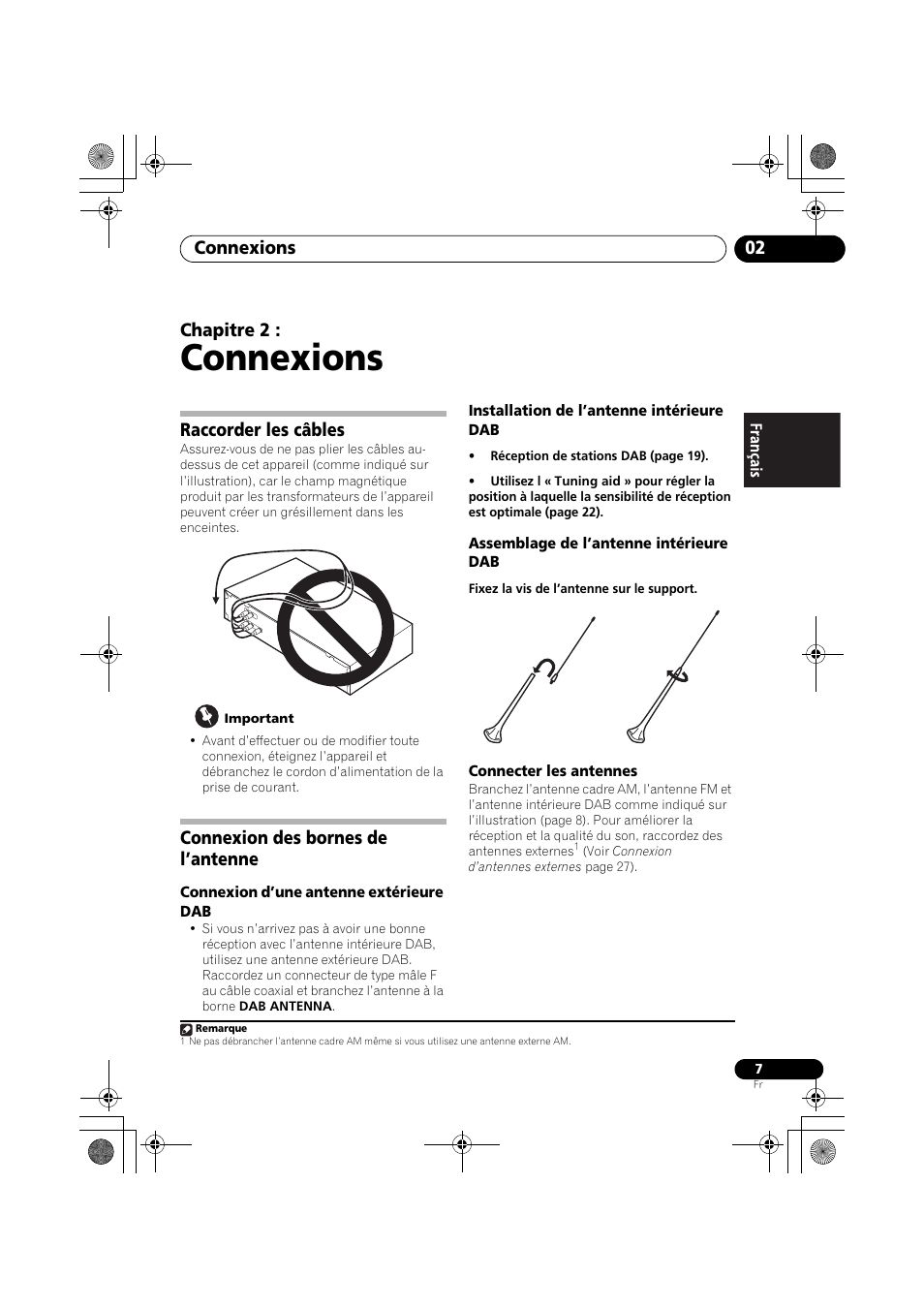 Raccorder les câbles, Connexion des bornes de l’antenne, Connexions | Connexions 02, Chapitre 2 | Pioneer F-F6MK2-K User Manual | Page 37 / 182