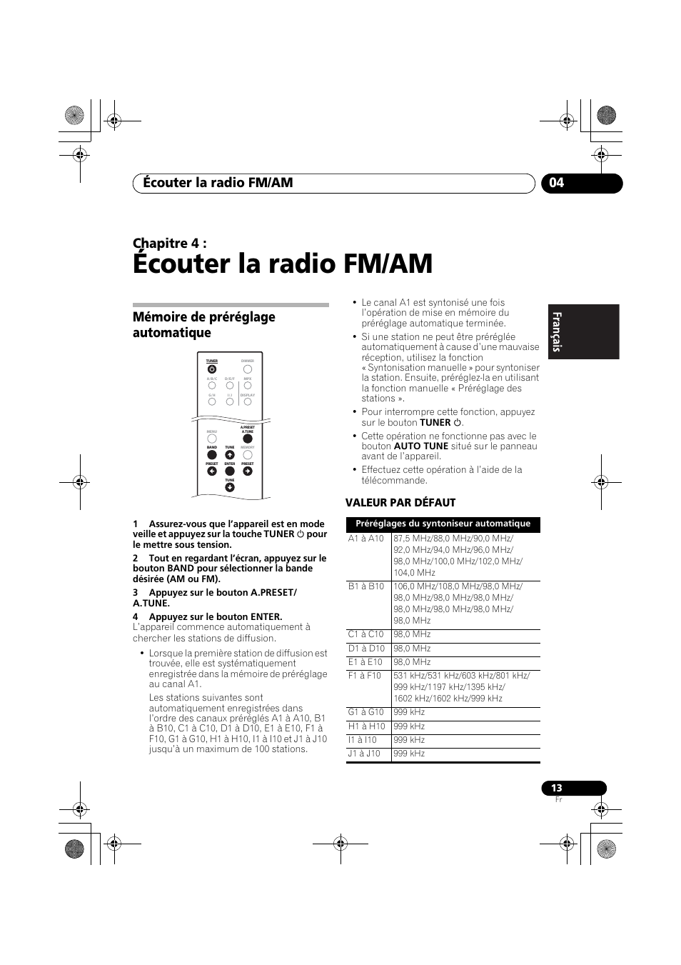 Mémoire de préréglage automatique, Écouter la radio fm/am, Écouter la radio fm/am 04 | Chapitre 4, Valeur par défaut | Pioneer F-F6MK2-K User Manual | Page 43 / 182