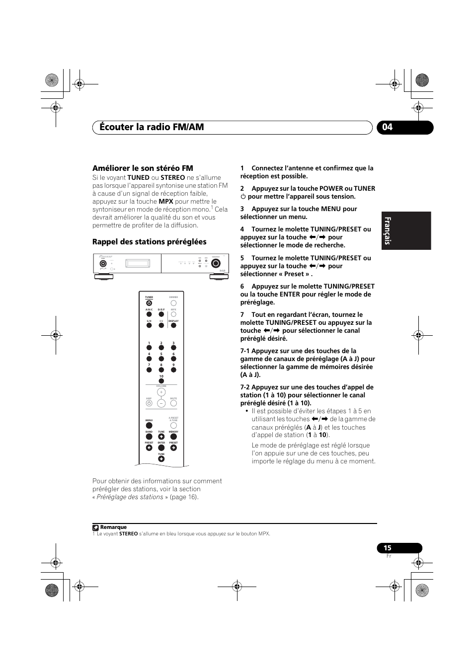 Écouter la radio fm/am 04, Améliorer le son stéréo fm, Rappel des stations préréglées | Standby | Pioneer F-F6MK2-K User Manual | Page 45 / 182