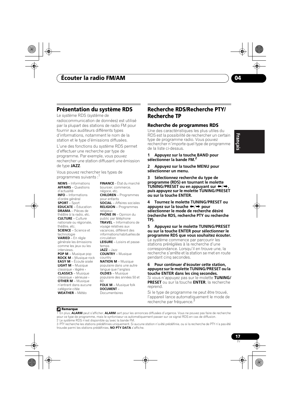 Présentation du système rds, Recherche rds/recherche pty/ recherche tp, Écouter la radio fm/am 04 | Pioneer F-F6MK2-K User Manual | Page 47 / 182