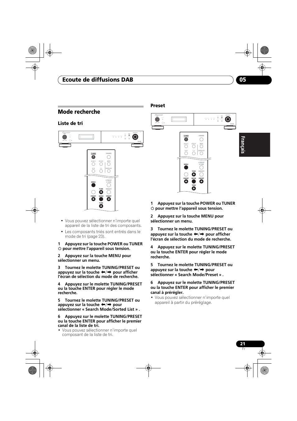 Mode recherche, Ecoute de diffusions dab 05, Liste de tri | Preset, Standby | Pioneer F-F6MK2-K User Manual | Page 51 / 182