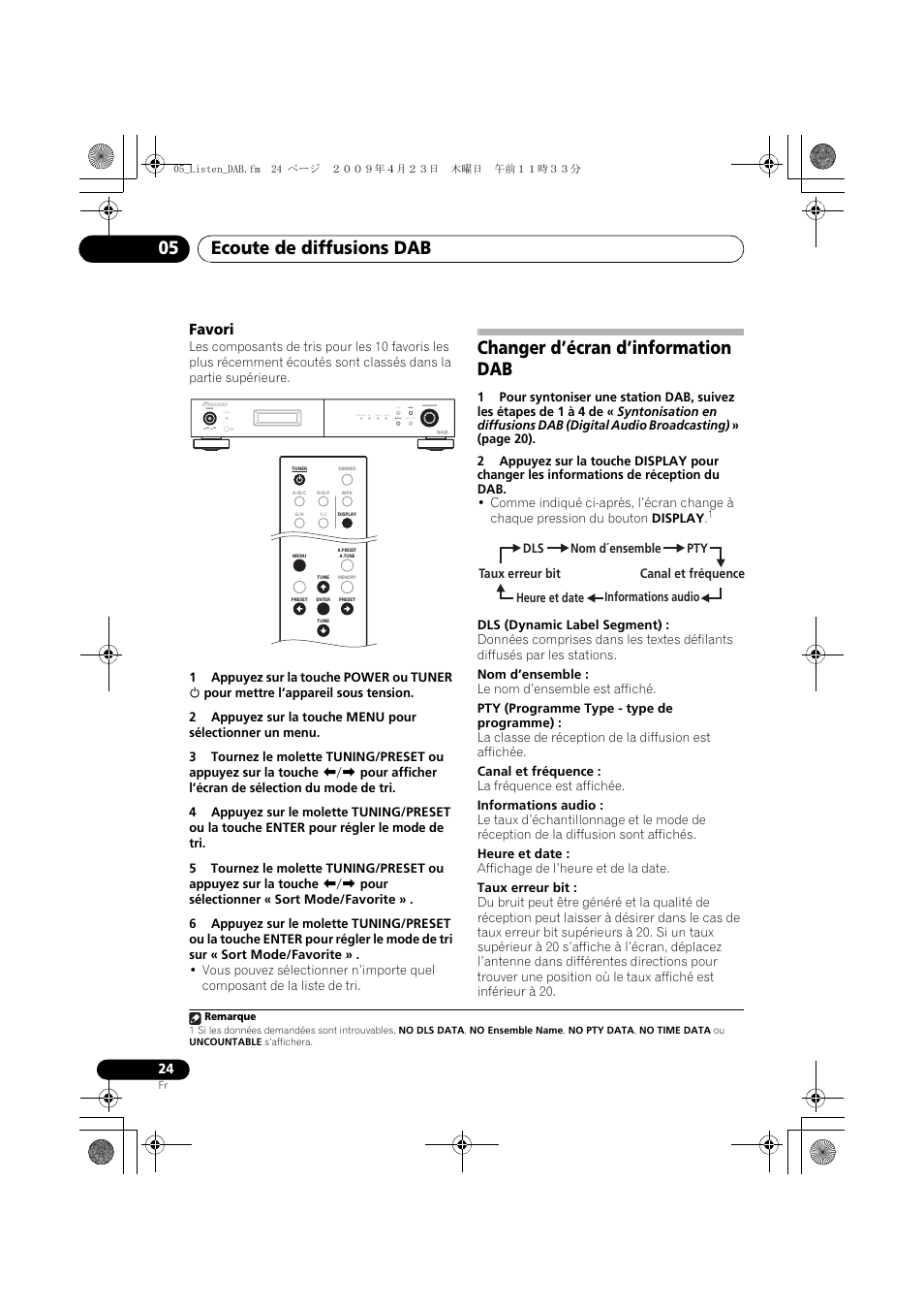 Changer d’écran d’information dab, Ecoute de diffusions dab 05, Favori | Pioneer F-F6MK2-K User Manual | Page 54 / 182