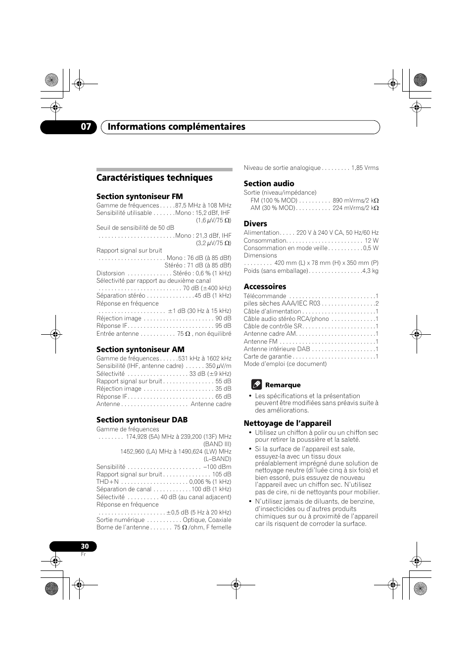 Caractéristiques techniques, Informations complémentaires 07 | Pioneer F-F6MK2-K User Manual | Page 60 / 182