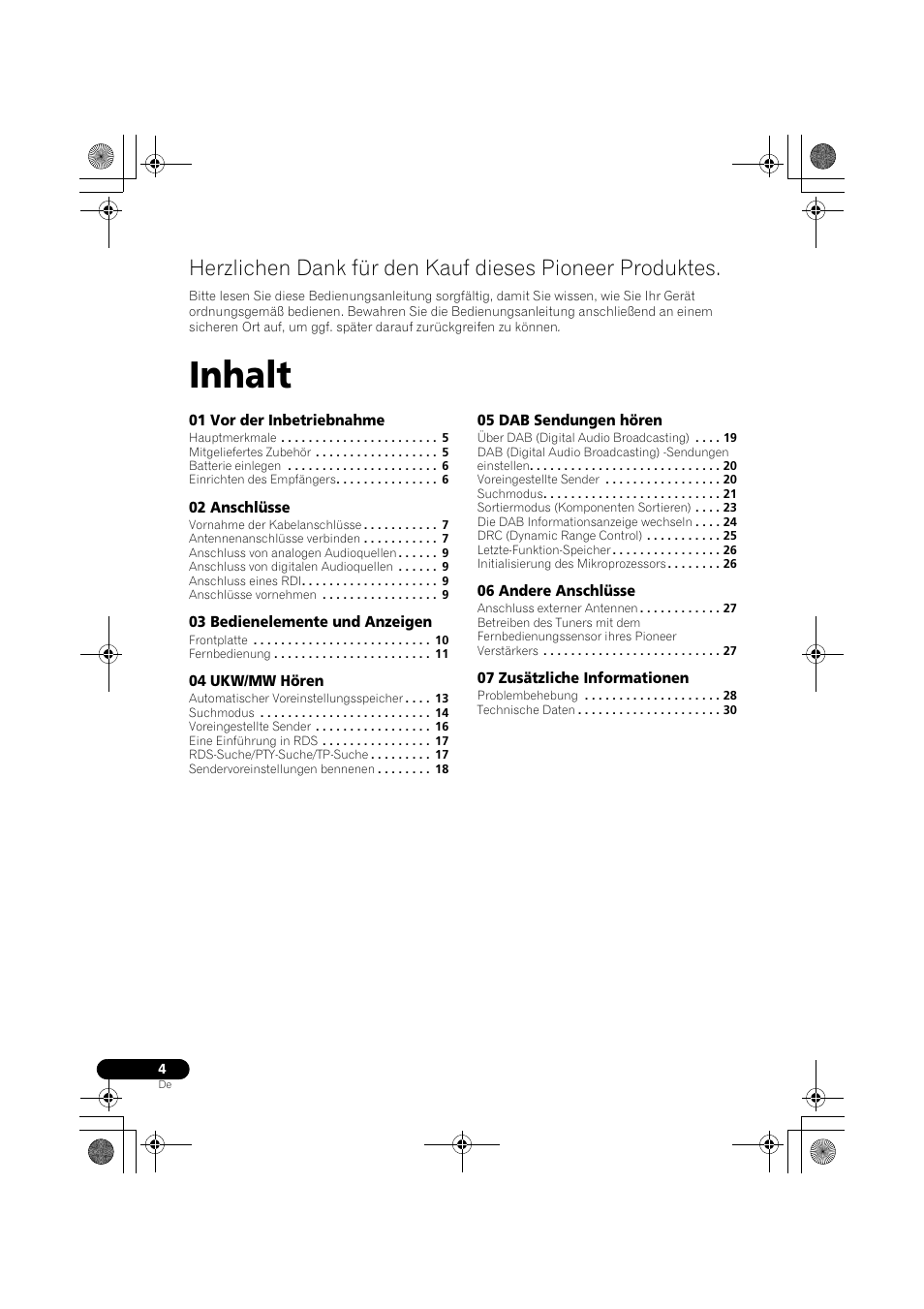 Dab/ukw/mw-tuner, Ungsanleitung, Inhalt | Pioneer F-F6MK2-K User Manual | Page 64 / 182