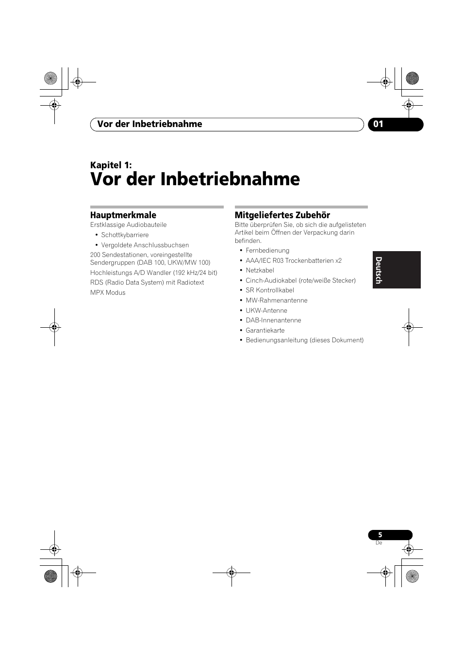 Hauptmerkmale, Mitgeliefertes zubehör, Vor der inbetriebnahme | Vor der inbetriebnahme 01, Kapitel 1 | Pioneer F-F6MK2-K User Manual | Page 65 / 182