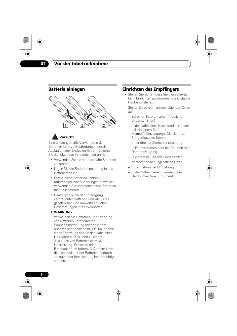 Batterie einlegen, Einrichten des empfängers, Vor der inbetriebnahme 01 | Pioneer F-F6MK2-K User Manual | Page 66 / 182