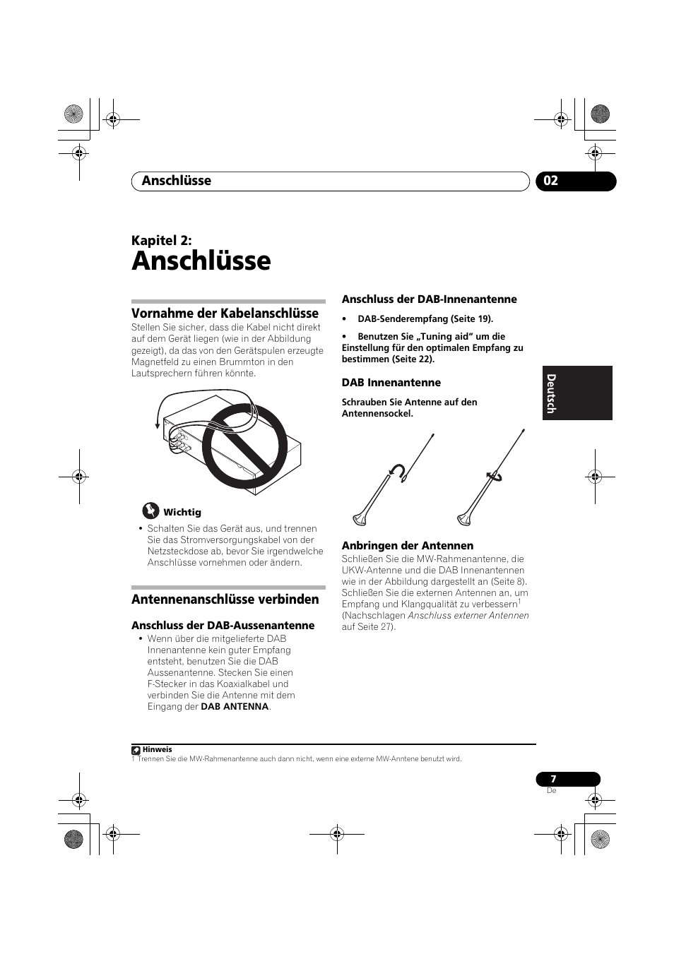 Vornahme der kabelanschlüsse, Antennenanschlüsse verbinden, Anschlüsse | Anschlüsse 02, Kapitel 2 | Pioneer F-F6MK2-K User Manual | Page 67 / 182