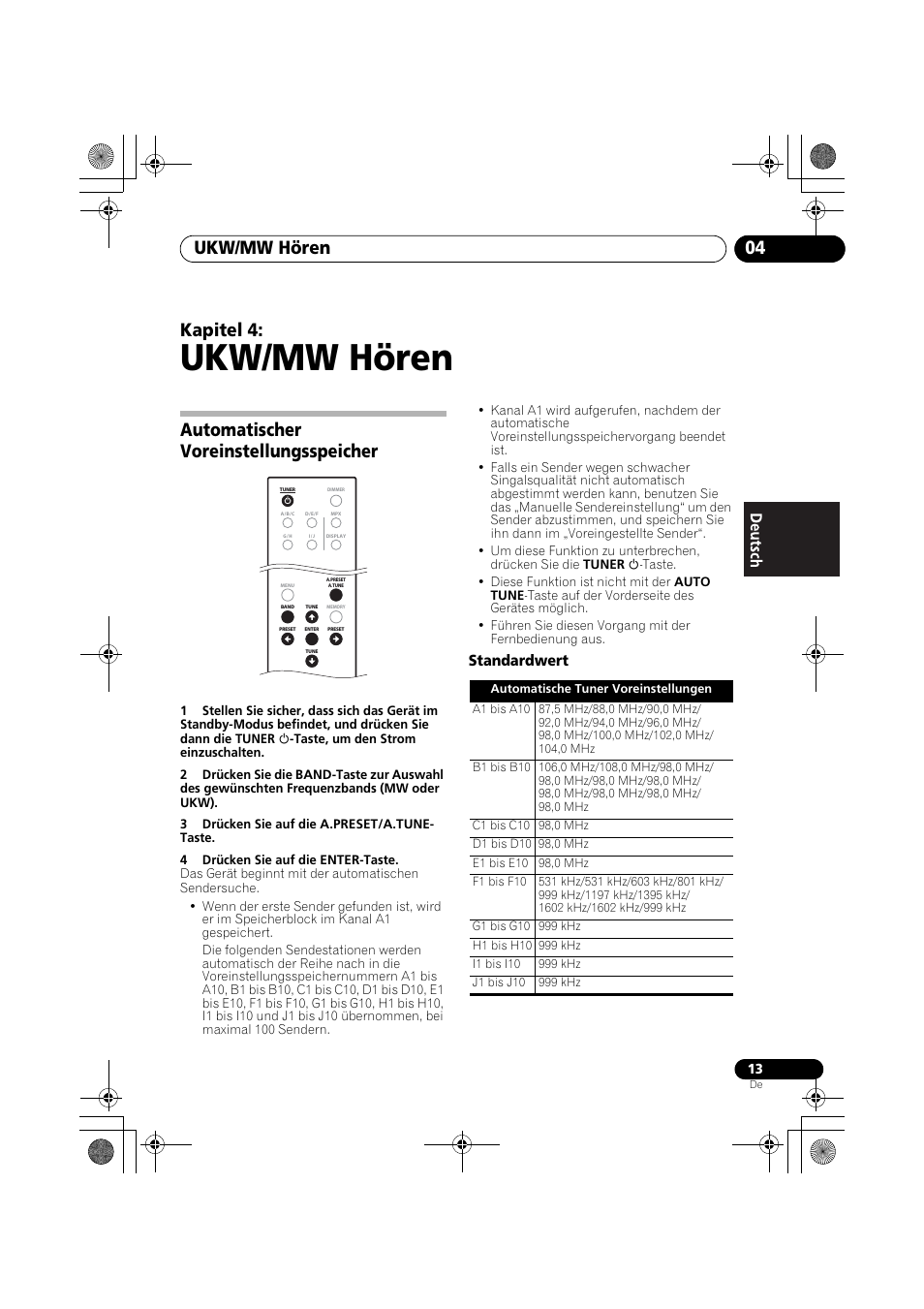 Automatischer voreinstellungsspeicher, Ukw/mw hören, Ukw/mw hören 04 | Kapitel 4, Standardwert | Pioneer F-F6MK2-K User Manual | Page 73 / 182