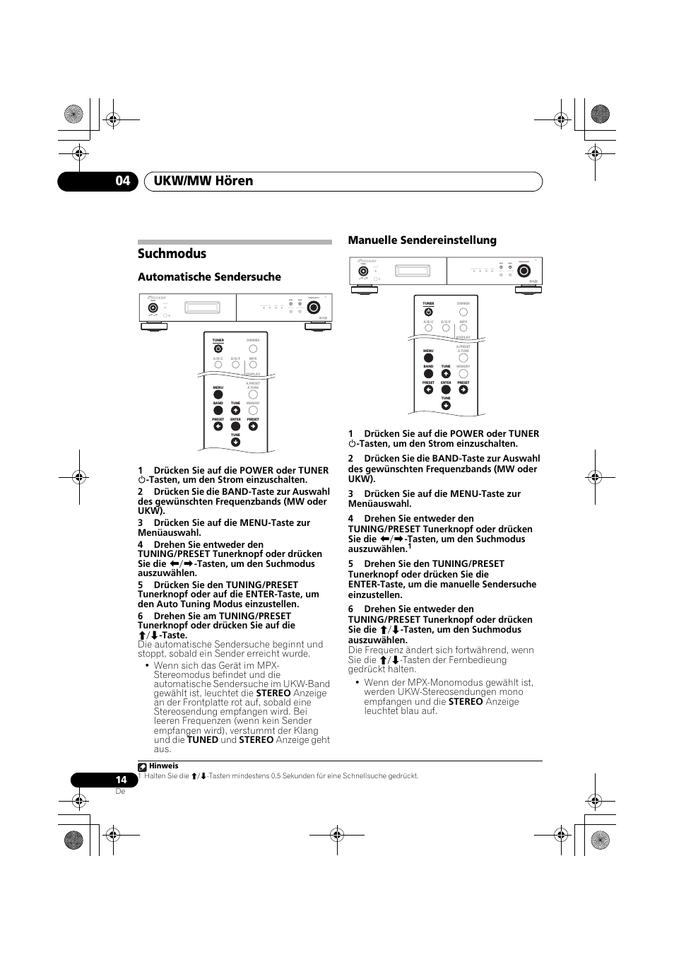 Suchmodus, Ukw/mw hören 04, Automatische sendersuche | Manuelle sendereinstellung, Standby | Pioneer F-F6MK2-K User Manual | Page 74 / 182