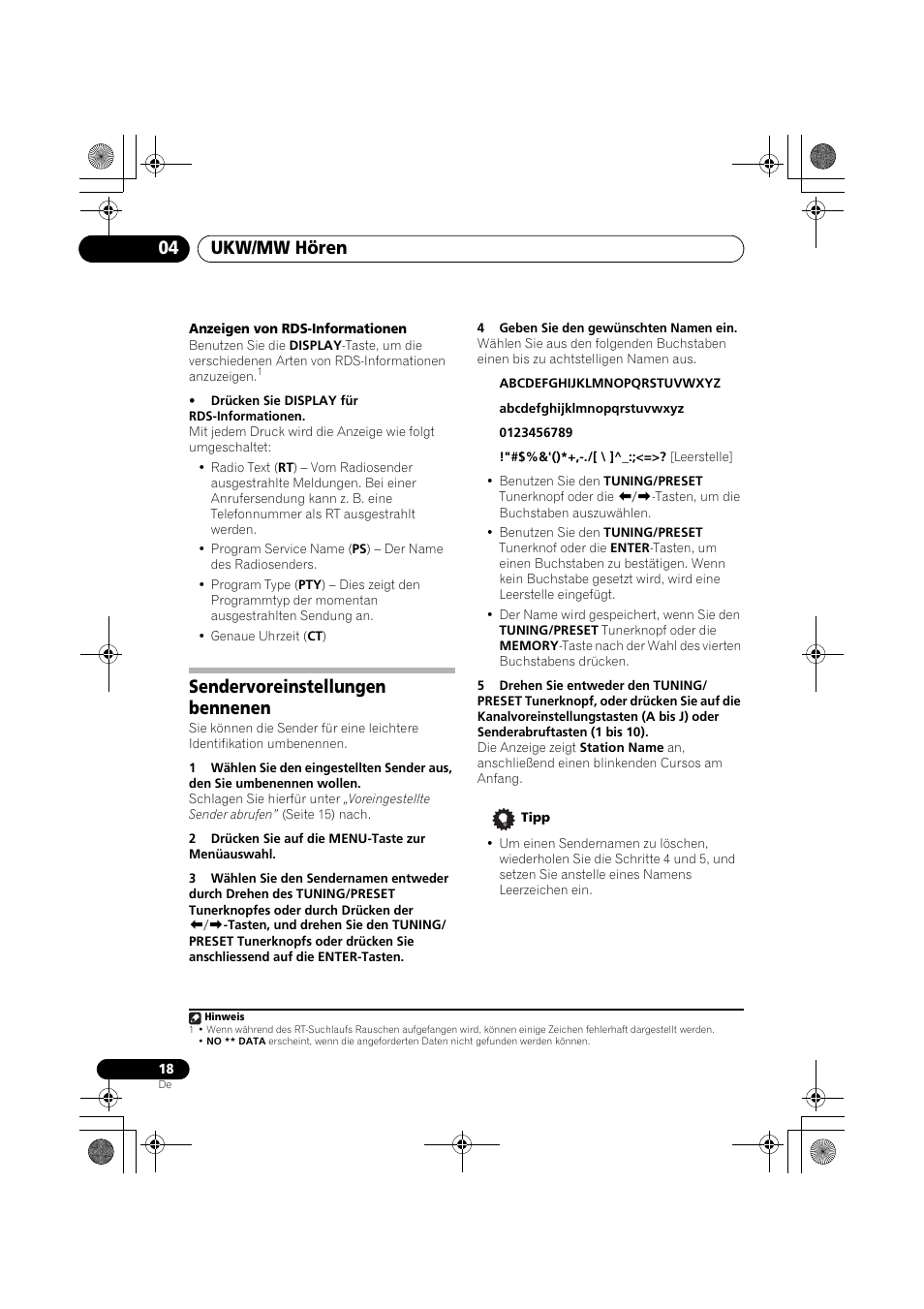 Sendervoreinstellungen bennenen, Ukw/mw hören 04 | Pioneer F-F6MK2-K User Manual | Page 78 / 182