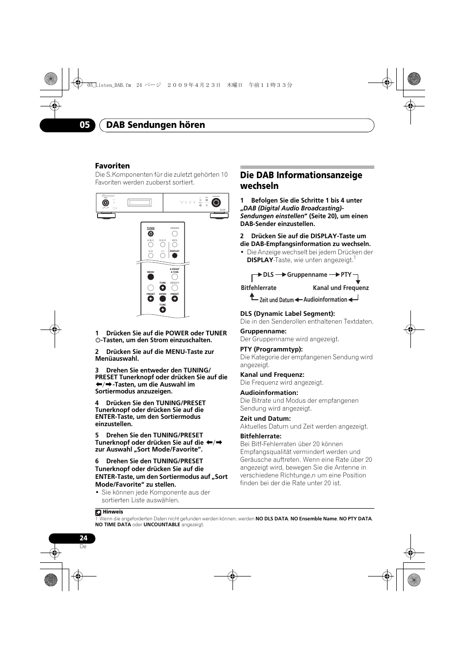 Die dab informationsanzeige wechseln, Dab sendungen hören 05, Favoriten | Pioneer F-F6MK2-K User Manual | Page 84 / 182