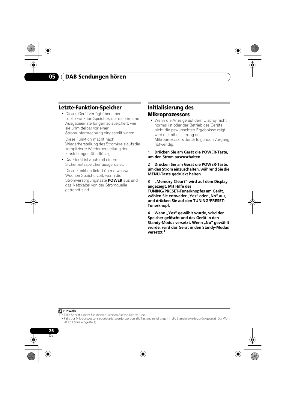 Letzte-funktion-speicher, Initialisierung des mikroprozessors, Dab sendungen hören 05 | Pioneer F-F6MK2-K User Manual | Page 86 / 182