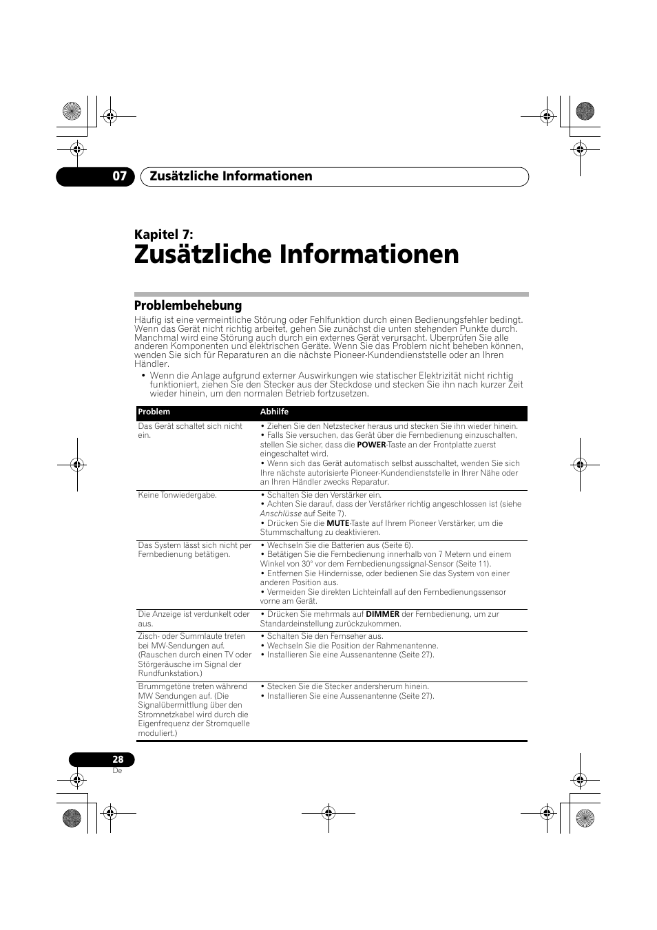 Problembehebung, Zusätzliche informationen, Zusätzliche informationen 07 | Kapitel 7 | Pioneer F-F6MK2-K User Manual | Page 88 / 182