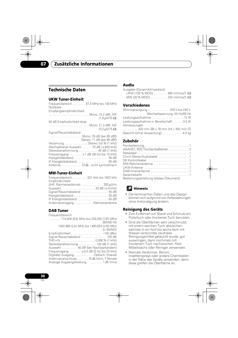 Technische daten, Zusätzliche informationen 07 | Pioneer F-F6MK2-K User Manual | Page 90 / 182