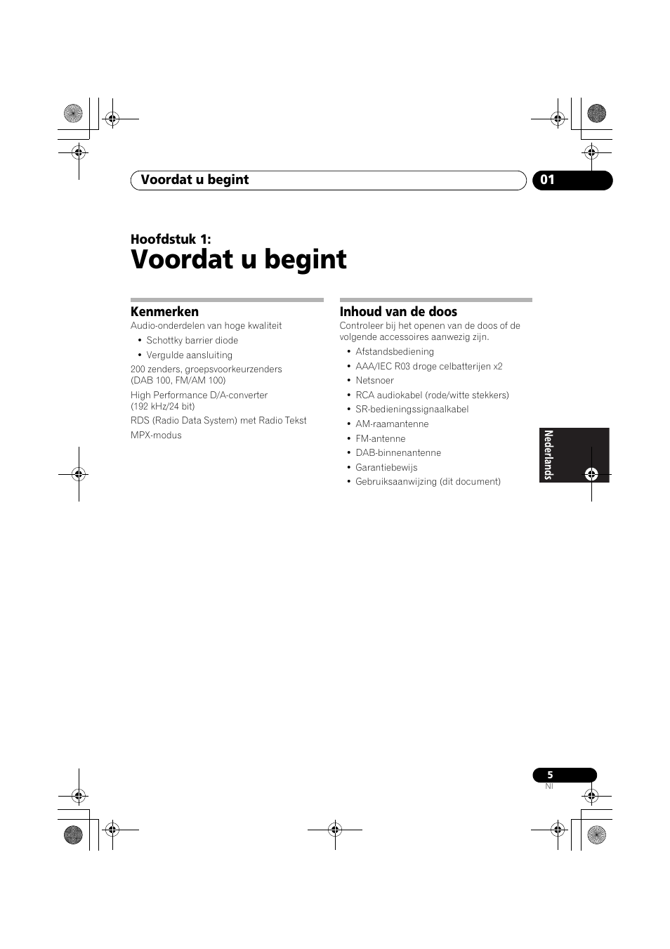 Kenmerken, Inhoud van de doos, Voordat u begint | Voordat u begint 01, Hoofdstuk 1 | Pioneer F-F6MK2-K User Manual | Page 95 / 182