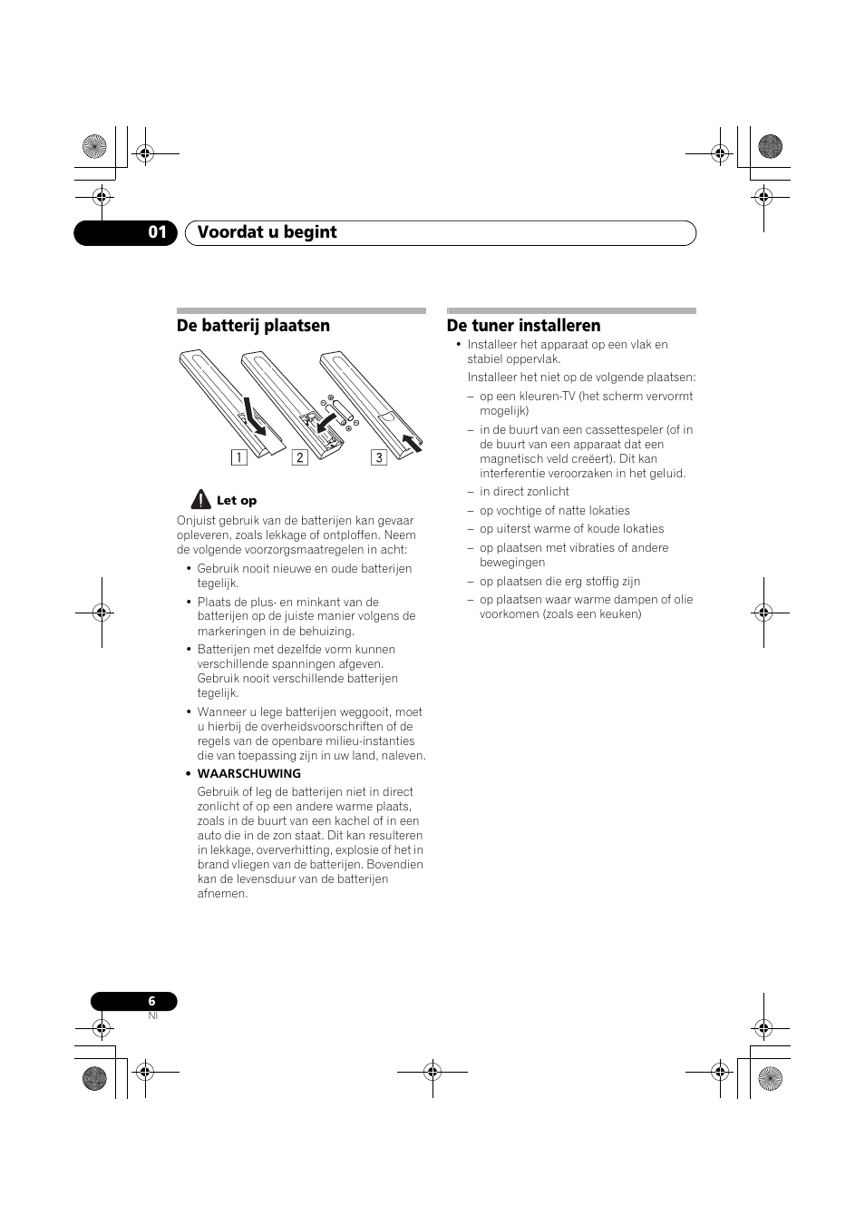 De batterij plaatsen, De tuner installeren, Voordat u begint 01 | Pioneer F-F6MK2-K User Manual | Page 96 / 182