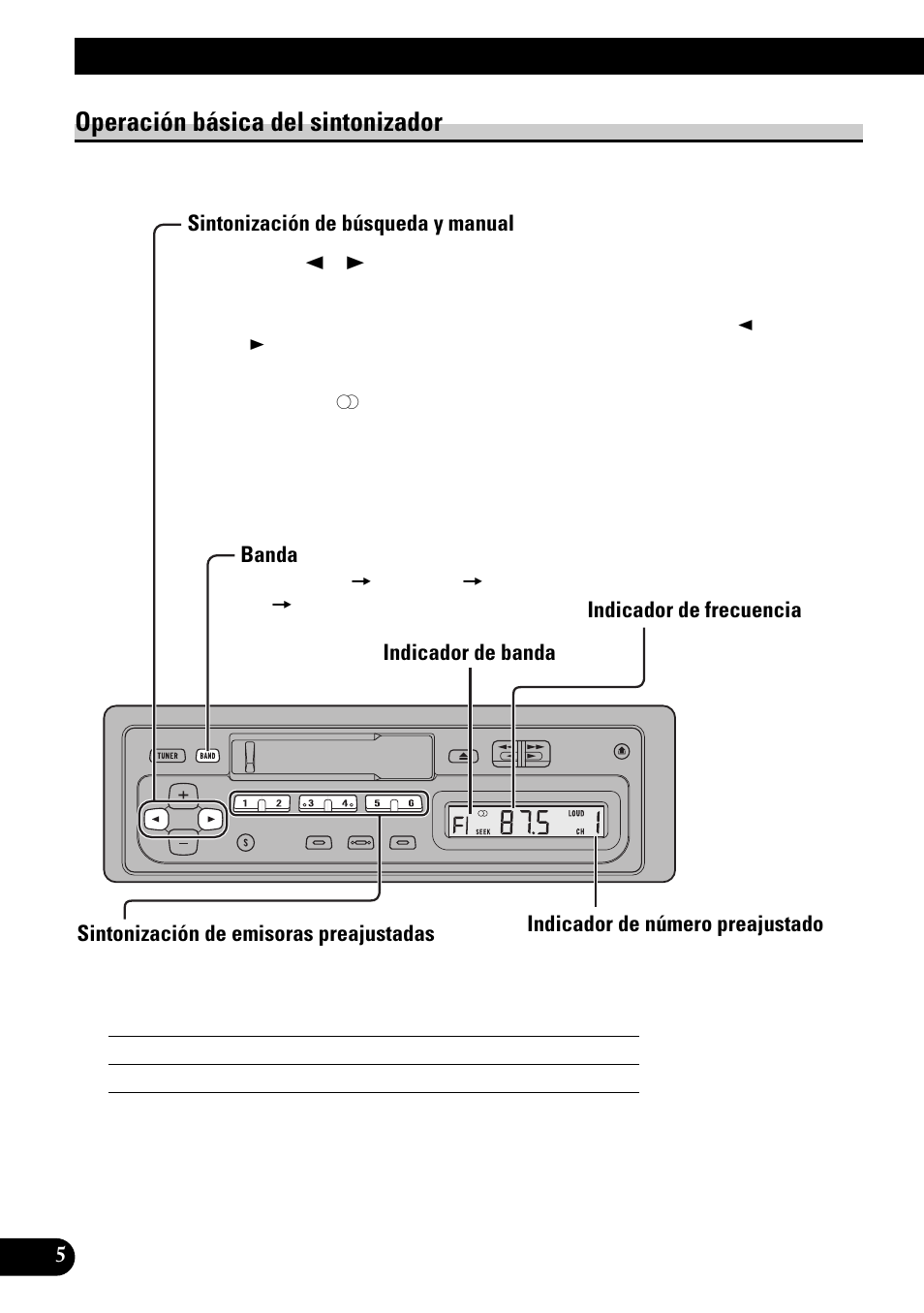 Operación básica del sintonizador, Sintonización de búsqueda y manual, Banda | Sintonización de emisoras preajustadas, Operación básica | Pioneer KEH-1940 User Manual | Page 20 / 88
