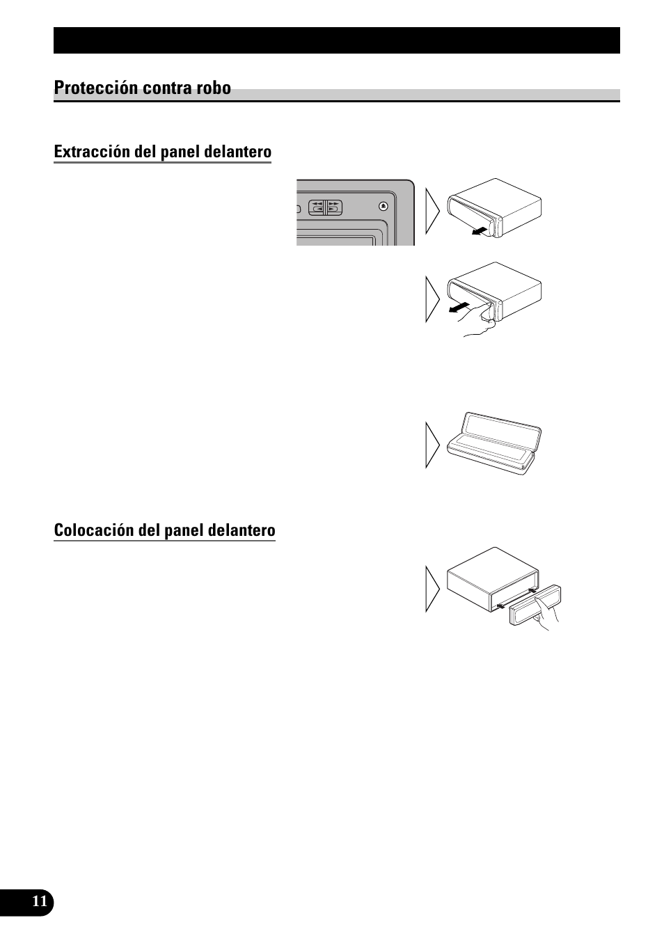Extracción y colocación del panel, Delantero, Protección contra robo | Extracción del panel delantero, Colocación del panel delantero, Extracción y colocación del panel delantero | Pioneer KEH-1940 User Manual | Page 26 / 88