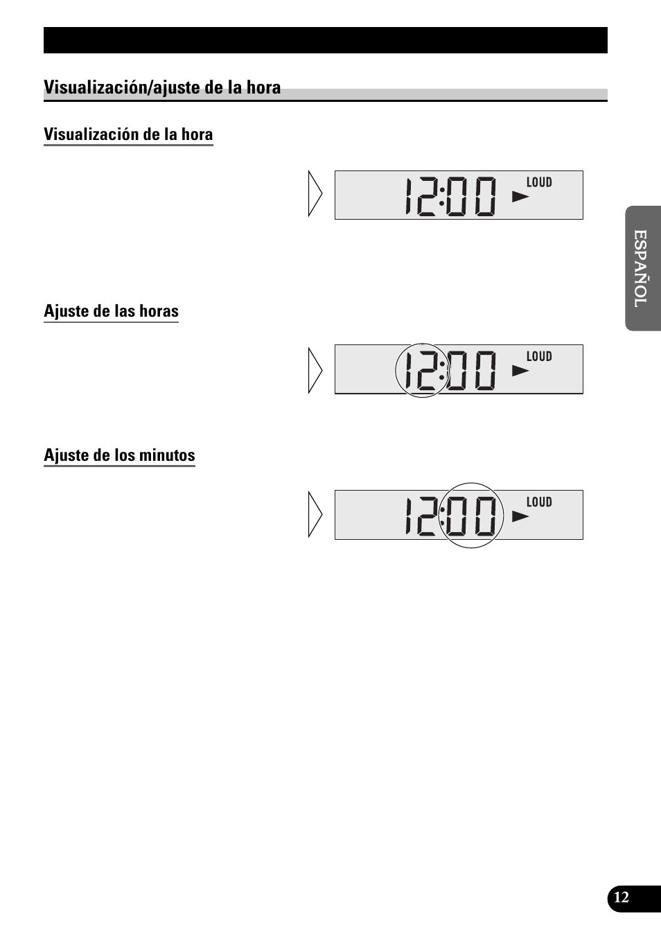 Otras funciones, Visualización/ajuste de la hora, Visualización de la hora | Ajuste de las horas, Ajuste de los minutos | Pioneer KEH-1940 User Manual | Page 27 / 88