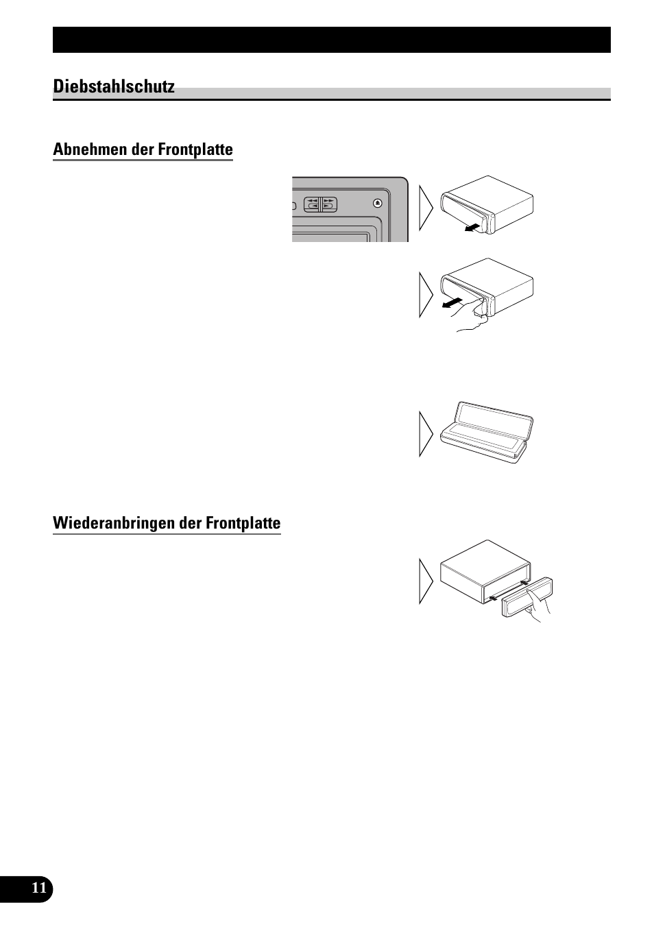 Abnehmen und wiederanbringen, Der frontplatte, Diebstahlschutz | Abnehmen der frontplatte, Wiederanbringen der frontplatte, Abnehmen und wiederanbringen der frontplatte | Pioneer KEH-1940 User Manual | Page 40 / 88