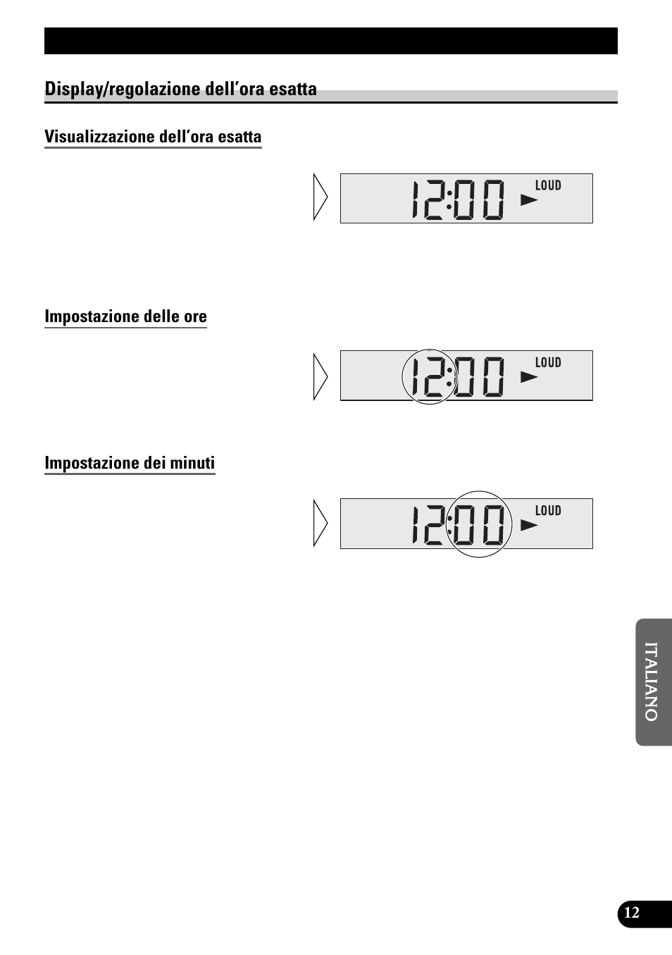 Altre funzioni, Display/regolazione dell’ora esatta, Visualizzazione dell’ora esatta | Impostazione delle ore, Impostazione dei minuti | Pioneer KEH-1940 User Manual | Page 69 / 88