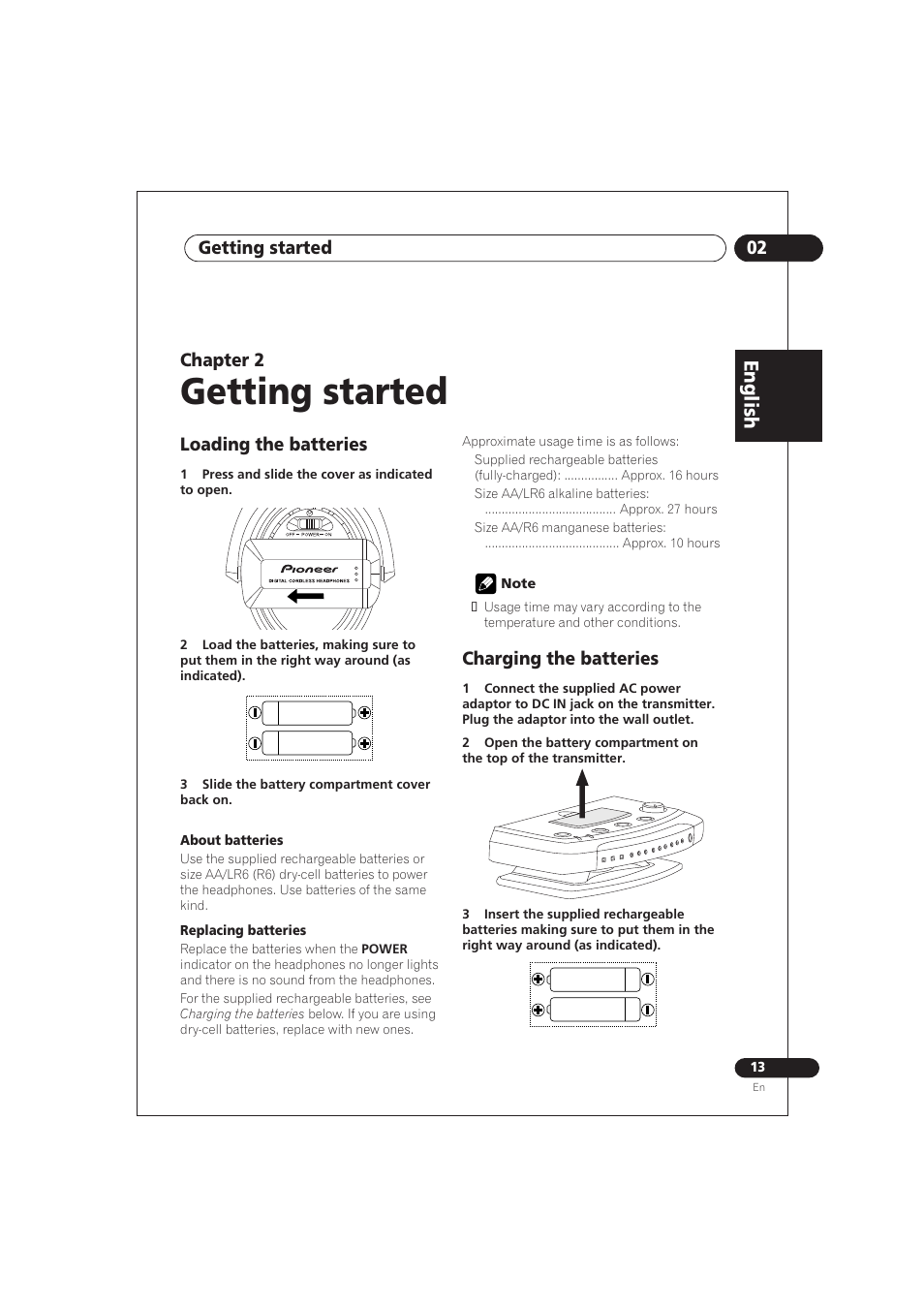 02 getting started, Loading the batteries, Charging the batteries | Getting started, English, Chapter 2 | Pioneer SE DIR800C User Manual | Page 13 / 76