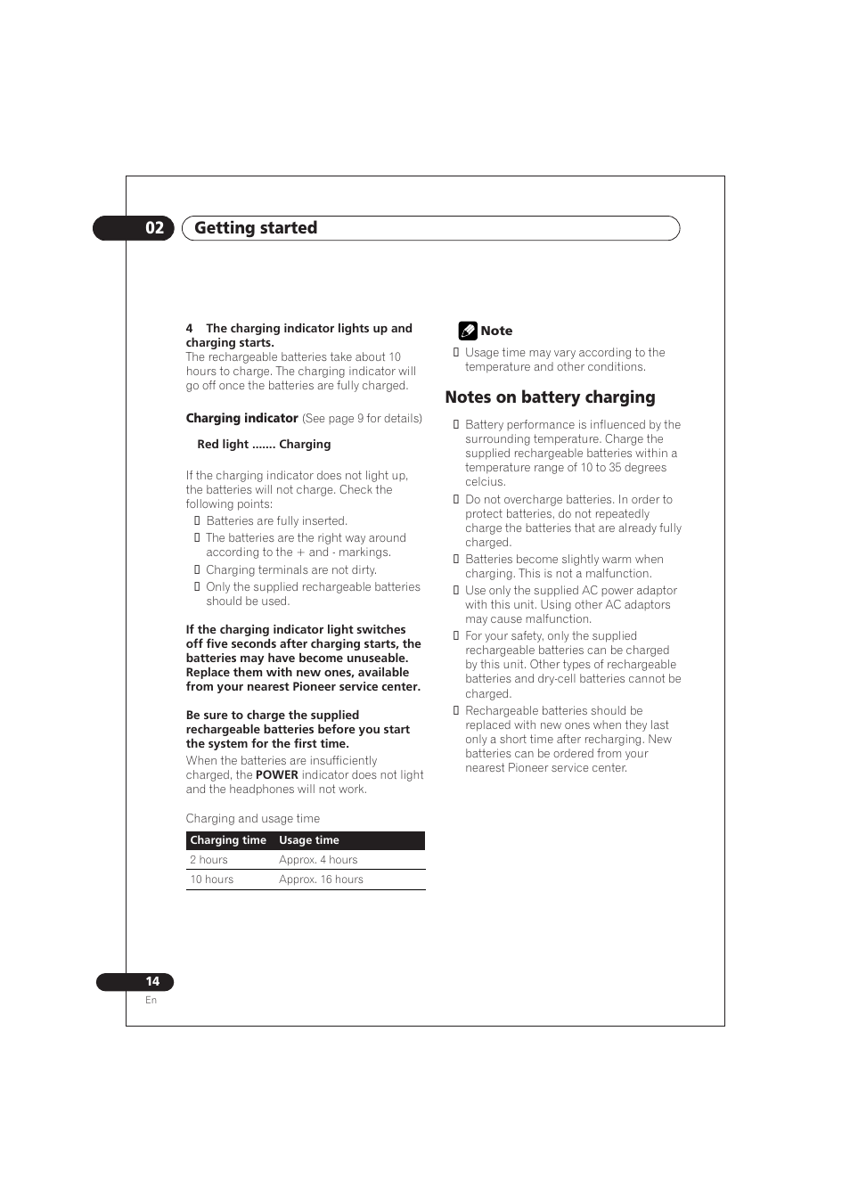 Notes on battery charging, 02 getting started | Pioneer SE DIR800C User Manual | Page 14 / 76