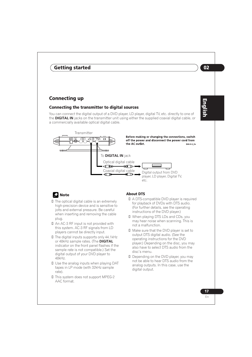 Connecting up, Connecting the transmitter to digital, Sources | En g lis h, 02 getting started | Pioneer SE DIR800C User Manual | Page 17 / 76