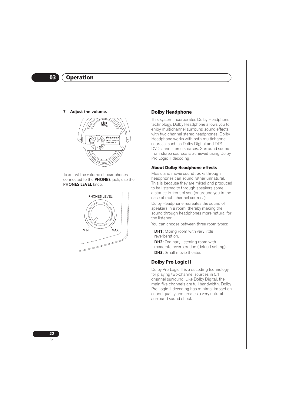 Dolby headphone, Dolby pro logic ii, 03 operation | Pioneer SE DIR800C User Manual | Page 22 / 76