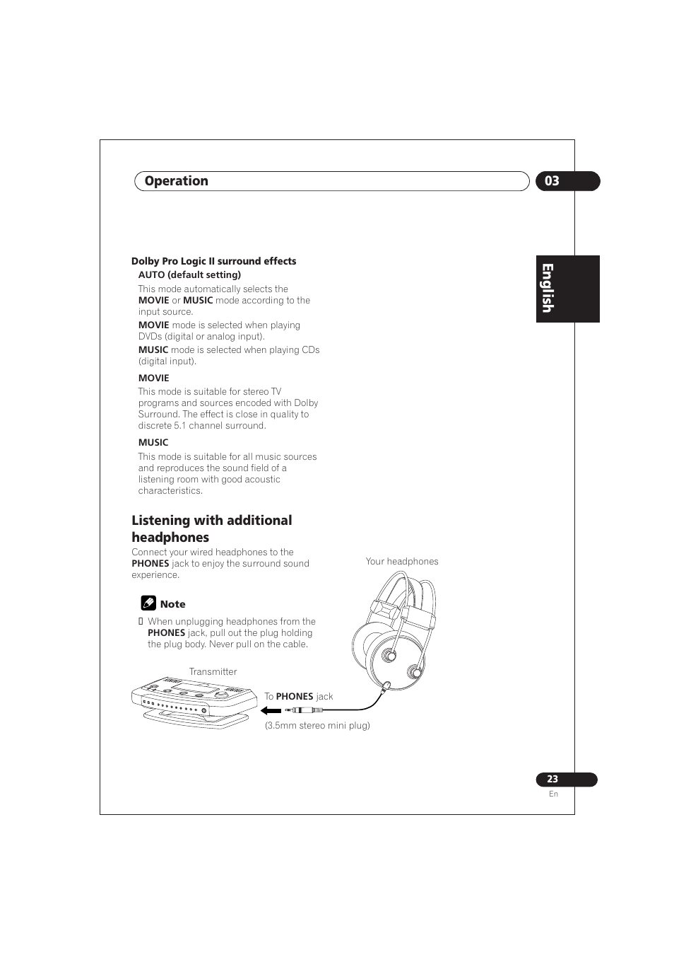 Listening with additional headphones, En g lis h, 03 operation | Pioneer SE DIR800C User Manual | Page 23 / 76