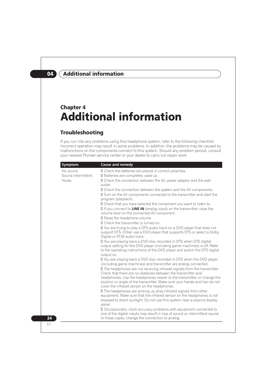 04 additional information, Troubleshooting, Additional information | Chapter 4 | Pioneer SE DIR800C User Manual | Page 24 / 76