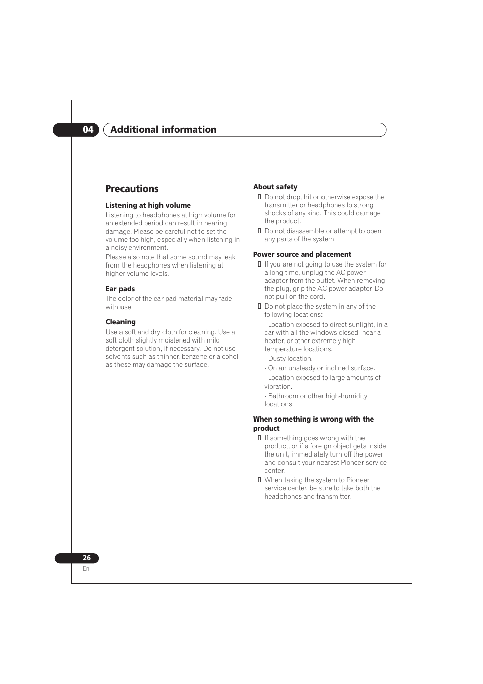 Precautions, 04 additional information | Pioneer SE DIR800C User Manual | Page 26 / 76